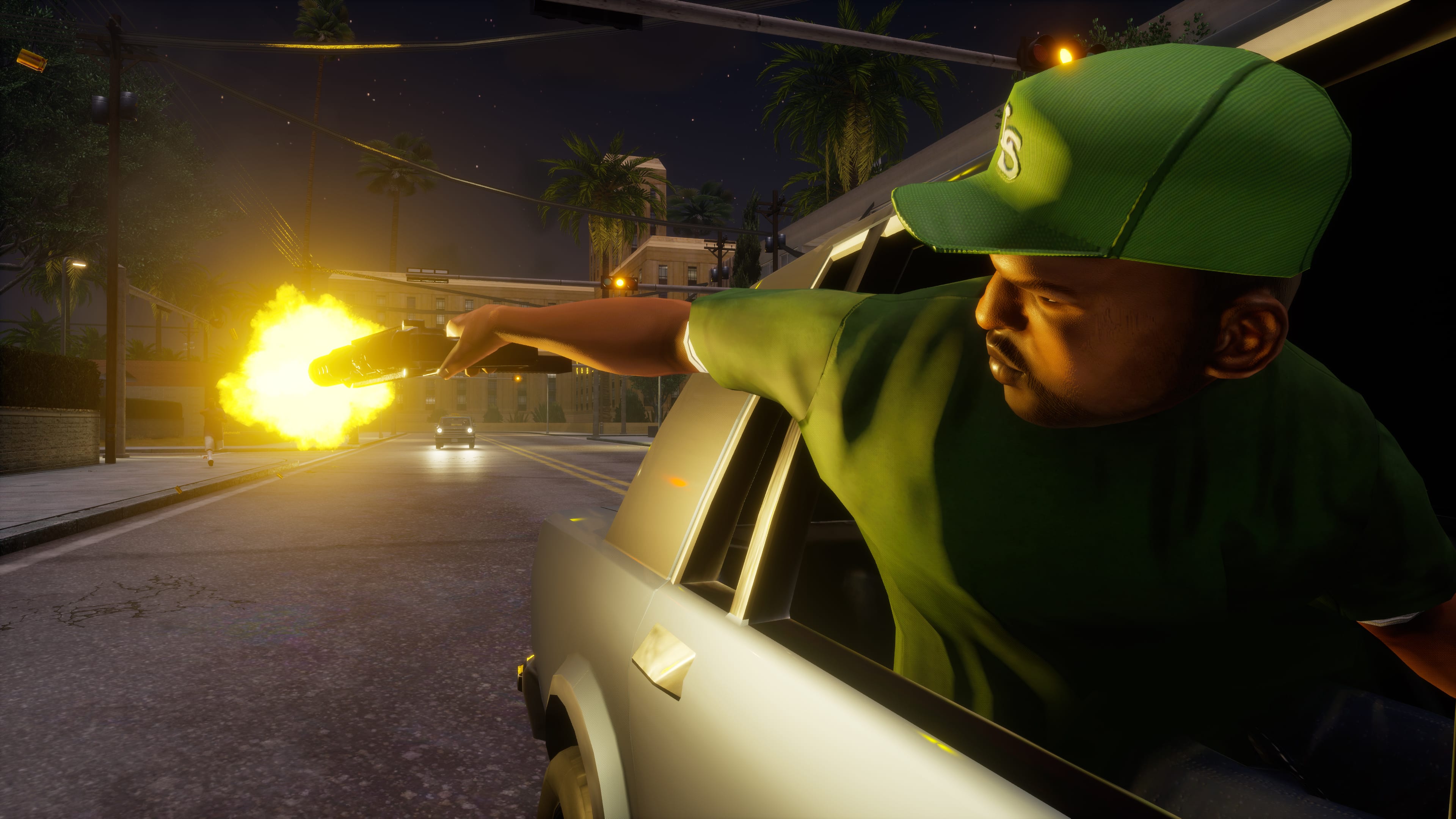 Gangster disparando por la ventana del auto